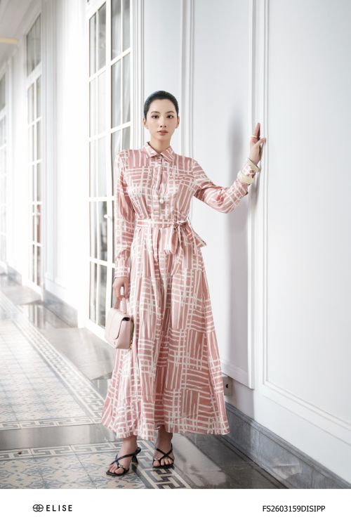 ĐẦM LỤA HT NỀN HỒNG ĐAI EO