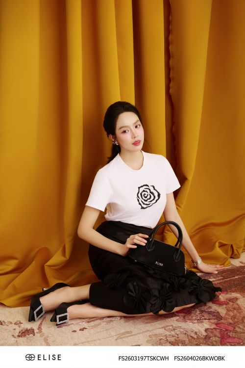 JUPE TAFTA LỤA ĐEN ĐÍNH HOA