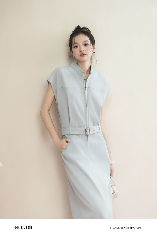 ĐẦM XANH GHI ĐAI EO KHÓA TRƯỚC