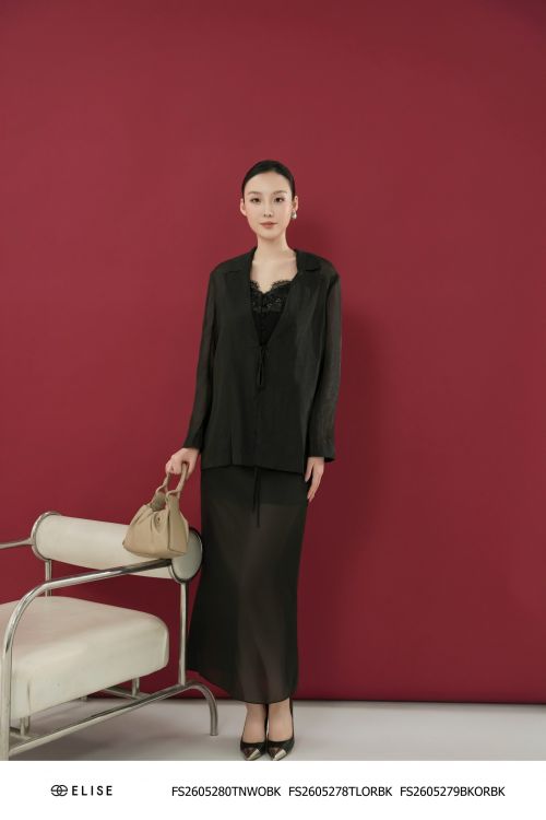 JUPE TƠ ÓNG ĐEN XẺ SAU