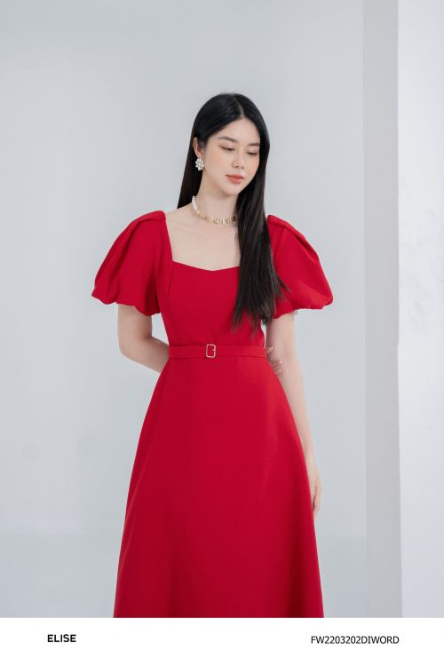 ĐẦM ĐỎ CỔ VUÔNG TAY PHỒNG