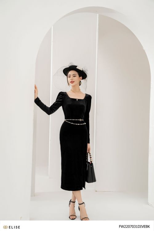 ĐẦM NHUNG ĐEN CỔ VUÔNG