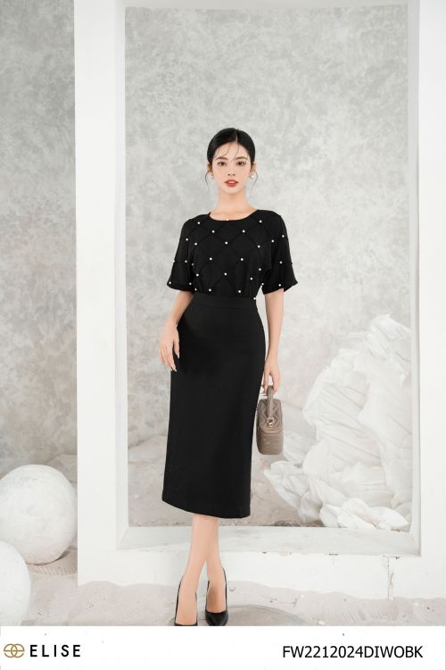 ĐẦM VÂN ĐEN ĐÍNH HẠT TRAI