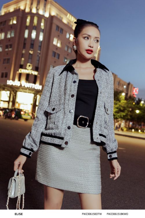 JUPE DẠ TWEED TRẮNG ĐEN ĐAI NHUNG