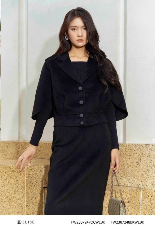 ÁO KHOÁC DẠ LÔNG CỪU ĐEN TAY CAPE