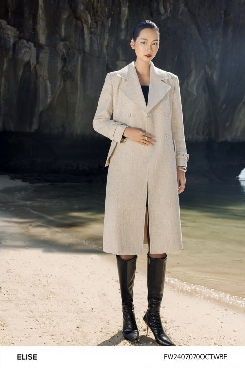 MĂNG TÔ TWEED SỢI BE NÂU ỐP TÚI CHÉO
