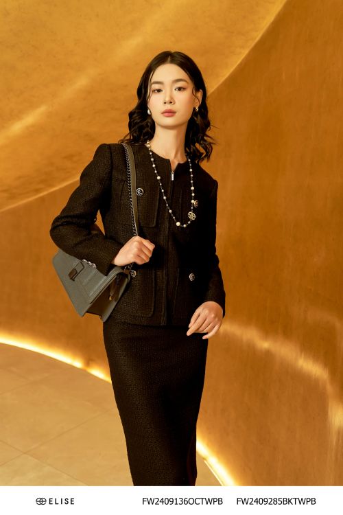 ÁO KHOÁC DẠ TWEED SỢI ĐEN TÚI NGỰC
