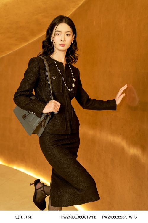 ÁO KHOÁC DẠ TWEED SỢI ĐEN TÚI NGỰC