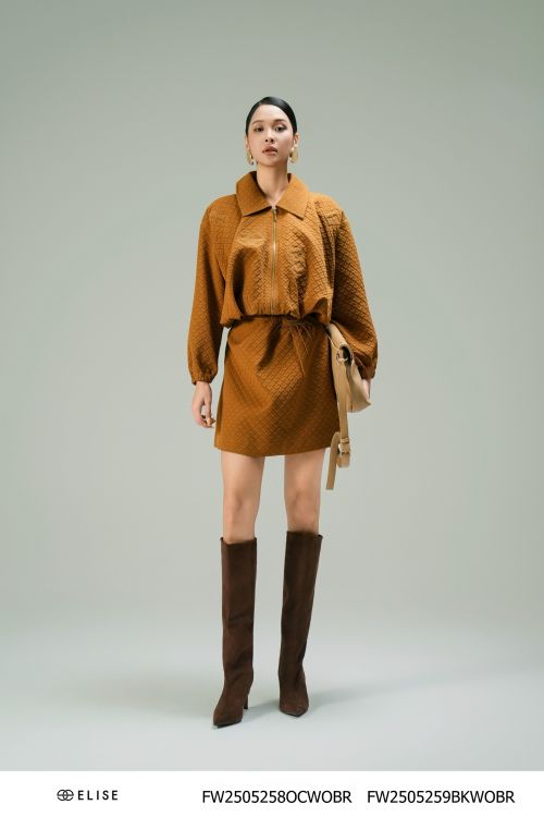 JUPE XỐP NÂU VÀNG HT THÊU BÔ ĐÊ CẠP