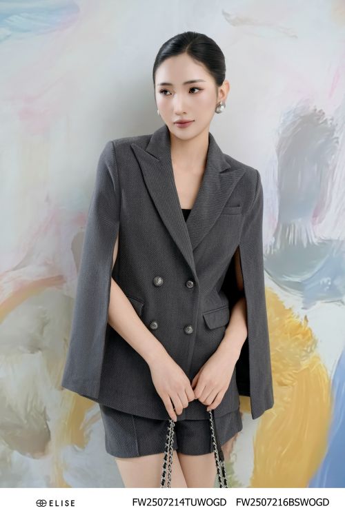 VEST DẠ XÁM ĐẬM TAY LIỀN XẺ TRƯỚC