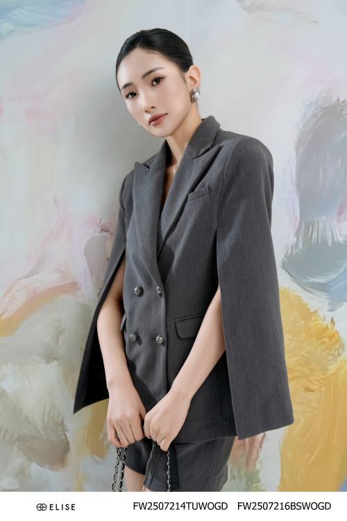 VEST DẠ XÁM ĐẬM TAY LIỀN XẺ TRƯỚC