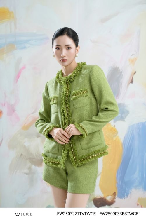 ÁO KHOÁC TWEED XANH CỐM ĐÍNH DÂY XÍCH