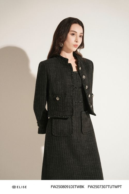 JUPE DẠ TWEED SỢI KẺ Ô ĐEN XẺ SAU