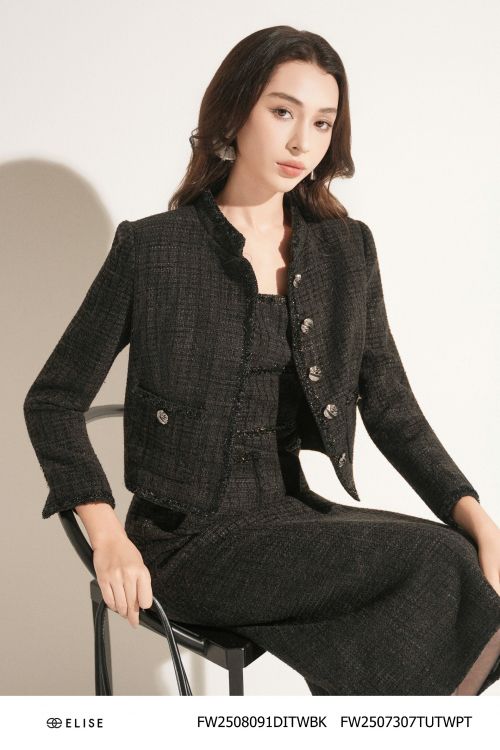 ÁO KHOÁC DẠ TWEED SỢI KẺ Ô ĐEN CỔ TRỤ
