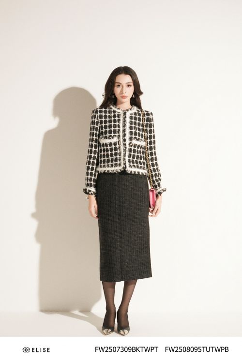JUPE DẠ TWEED SỢI KẺ Ô ĐEN XẺ SAU