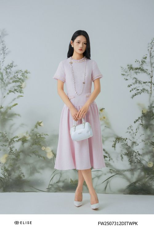 ĐẦM TWEED HỒNG SỢI TRẮNG ĐÍNH DÂY PK