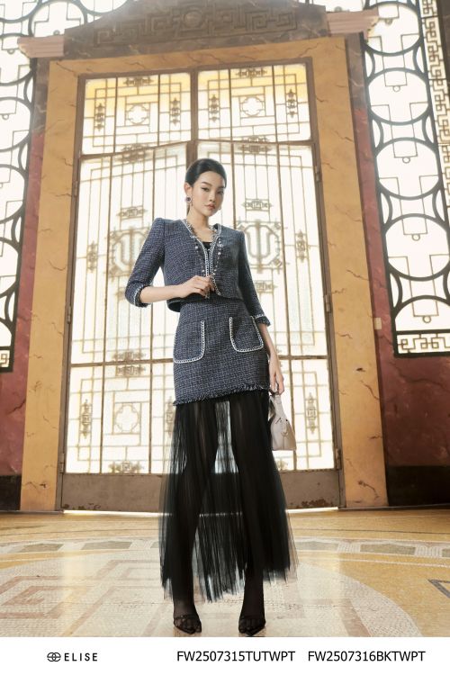 CV TWEED SỢI KẺ PHỐI LƯỚI ĐEN