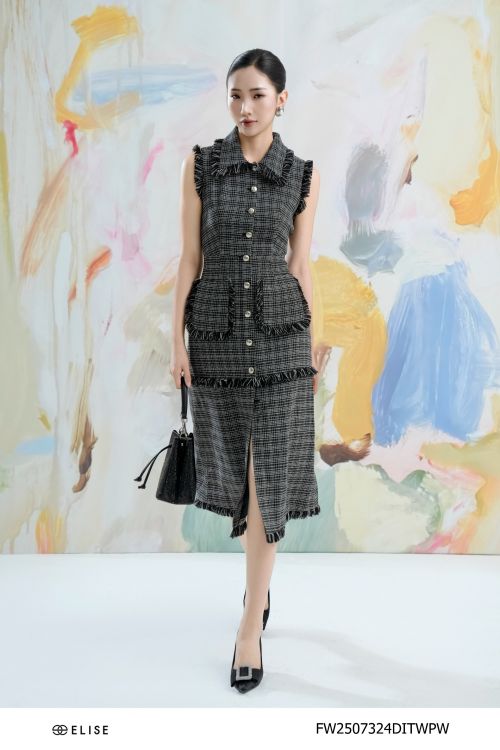 ĐẦM TWEED VÂN TRẮNG ĐEN XẺ TRƯỚC