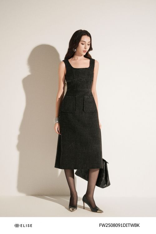 ĐẦM TWEED ĐEN SỢI KẺ Ô ĐÍNH PK KIM TUYẾN