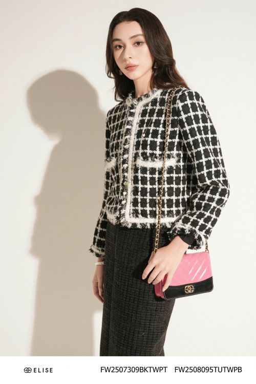 JUPE DẠ TWEED SỢI KẺ Ô ĐEN XẺ SAU