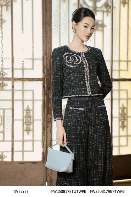 QUẦN SUÔNG TWEED ĐEN KẺ KT TÚI XÍCH