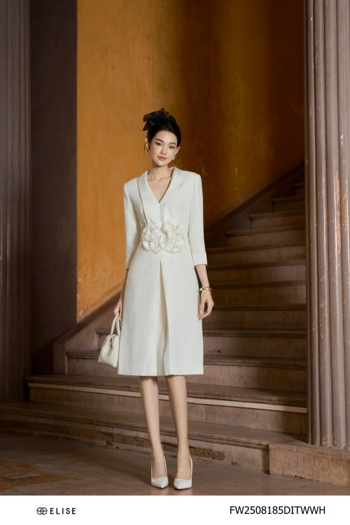 ĐẦM TWEED TRẮNG HOA EO XẾP LY SÚP