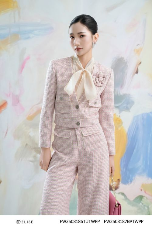 ÁO KHOÁC TWEED KẺ SỢI HỒNG HOA CÀI