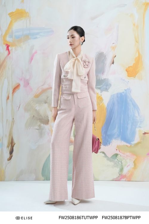 QUẦN TWEED SUÔNG KẺ SỢI HỒNG TÚI ỐP