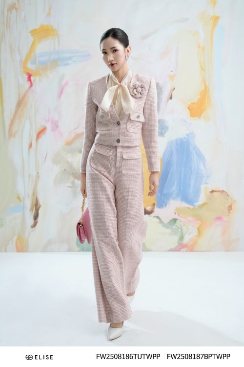 QUẦN TWEED SUÔNG KẺ SỢI HỒNG TÚI ỐP