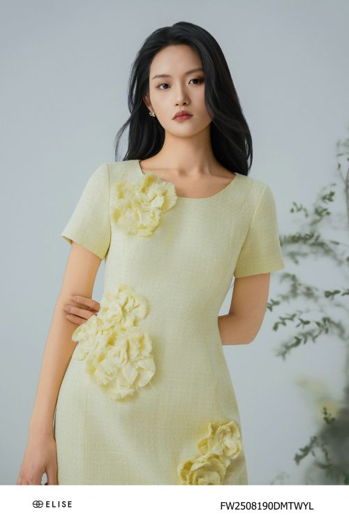 ĐẦM TWEED VÀNG SỢI KT ĐÍNH HOA
