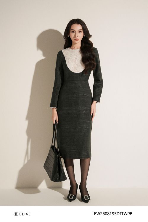 ĐẦM TWEED ĐEN VÂN KT PHỐI CỔ REN HOA