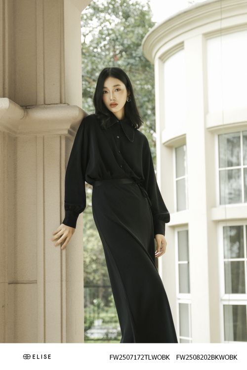 CHÂN VÁY ĐEN CẠP CHUN BUỘC DÂY EO LỆCH