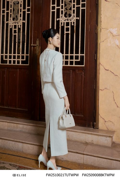 JUPE TWEED VÂN Ô TRẮNG XẺ SAU