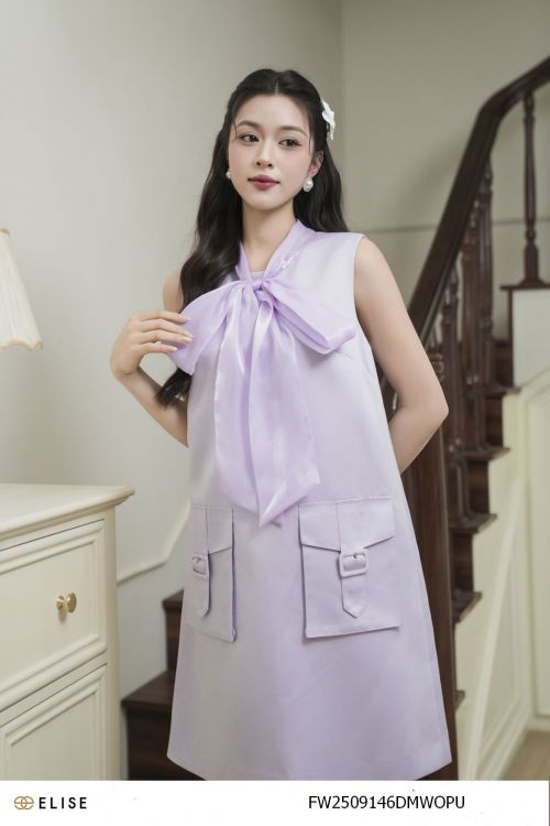 ĐẦM TAFTA TÍM ỐP TÚI CỔ TƠ