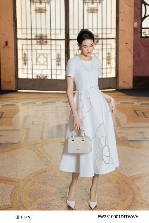 ĐẦM TWEED TRẮNG XÒE HOA VIỀN LƯỚI