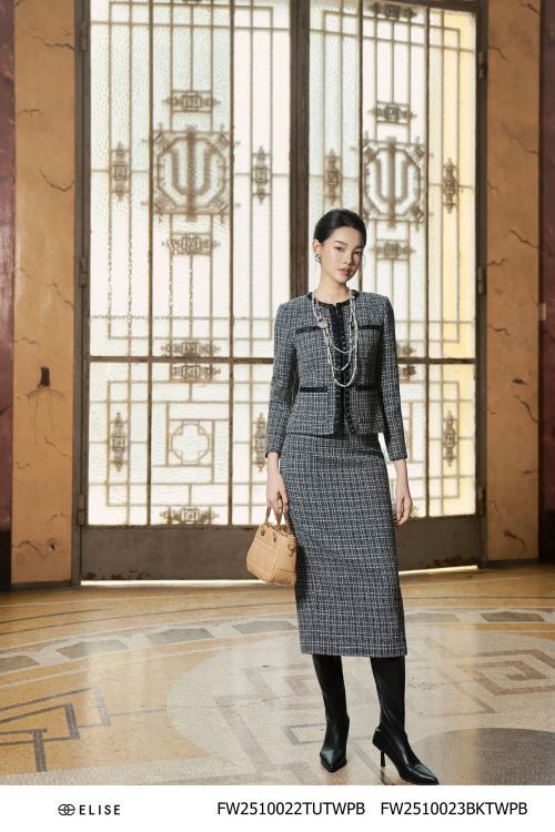 JUPE BÚT CHÌ TWEED ĐEN SỢI TRẮNG