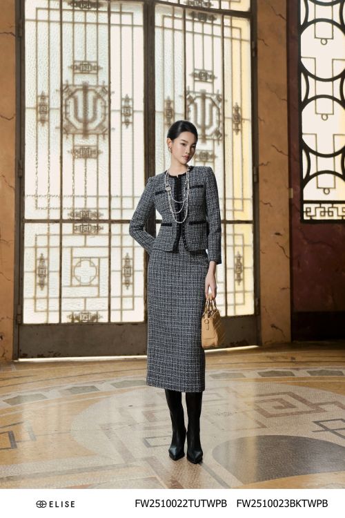 JUPE BÚT CHÌ TWEED ĐEN SỢI TRẮNG