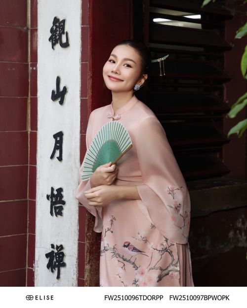 ÁO DÀI TƠ HOA ĐÀO NỀN HỒNG (KÈM FW2510097BPWOPK)