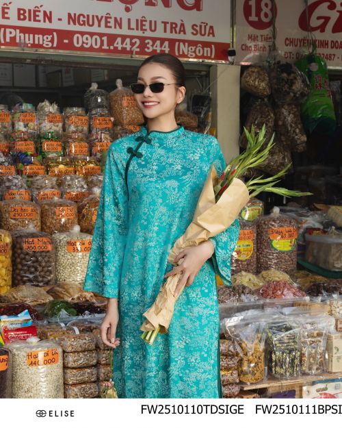 ÁO DÀI LỤA XANH LỤC BẢO HT VÂN HOA (KÈM FW2510111BPSIDG)