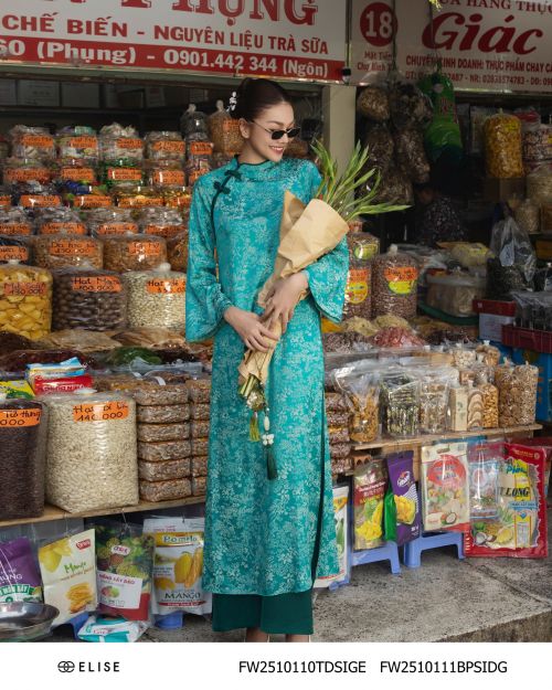 ÁO DÀI LỤA XANH LỤC BẢO HT VÂN HOA (KÈM FW2510111BPSIDG)