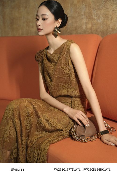 ÁO REN HOA NÂU VÀNG ĐÍNH HOA VAI