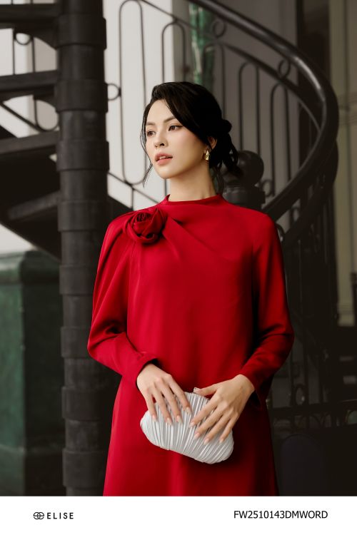 ĐẦM ĐỎ SUÔNG XẾP NHÚN VAI CÀI HOA