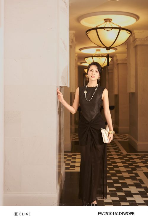 ĐẦM TAFTA VÂN HOA ĐEN PHỐI TÀ XẺ TRƯỚC