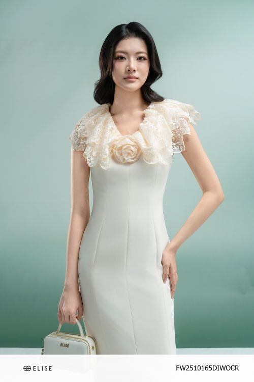 ĐẦM BÚT CHÌ KEM PHỐI VAI REN HOA CÀI