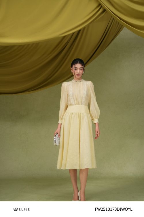 ĐẦM VOAN VÂN Ô CỔ REN XẾP NHÚN EO