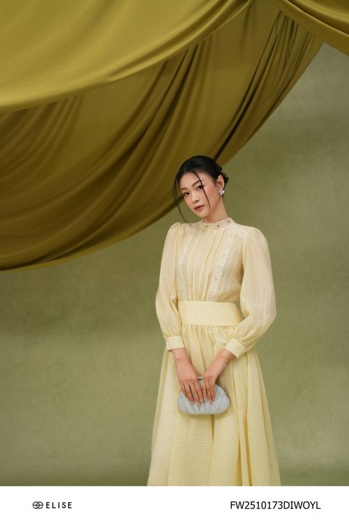 ĐẦM VOAN VÂN Ô CỔ REN XẾP NHÚN EO