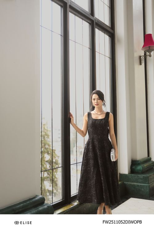 ĐẦM XỐP ĐEN HOA KT NỔI NƠ SAU