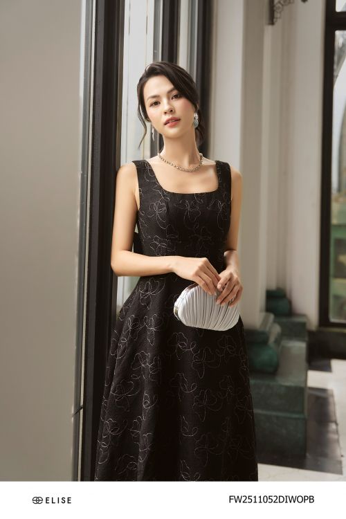 ĐẦM XỐP ĐEN HOA KT NỔI NƠ SAU