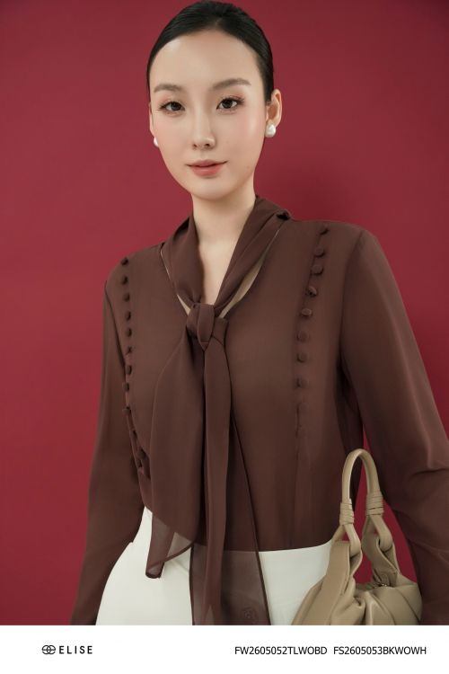 ÁO CHIFFON ĐỎ MẬN DÂY NƠ CỔ