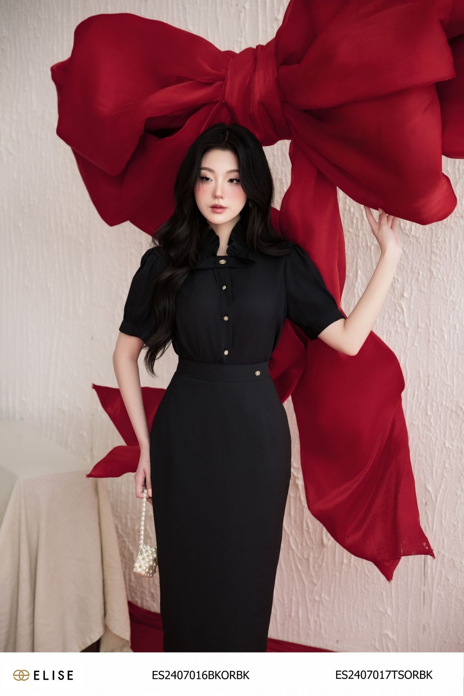 JUPE TƠ NHĂN ĐEN CẠP ĐÍNH THANH ELISE